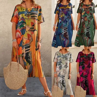 Womens Retro Boho Print Maxi Dress Ladies Casual Short Sleeve Dresses Size S-5XL • $24.85