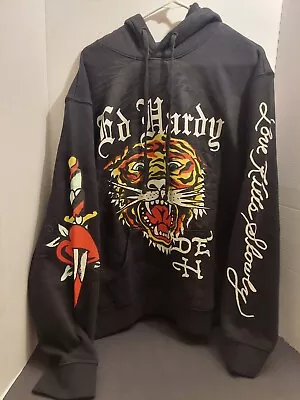 Ed Hardy Hoodie XL Retro Tiger Black Fleece Casual Streetwear Sweatshirt Heart • $64