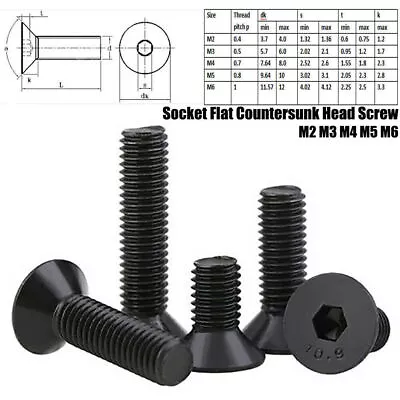 M2 M3 M4 M5 M6 Black Steel Allen Hex Socket Countersunk Head Screw Grade10.9 • $10.01