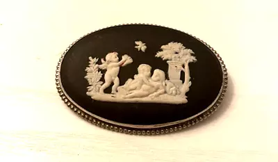 Vintage WEDGEWOOD Brooch/Pin - BLACK With Cherubs And Silver Tone Bezel England • $40.50