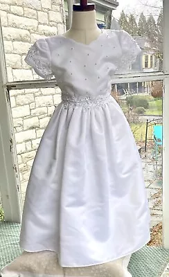 Satin Special Occasion Dress Sz 6X Scallop Neck Pearl & Lace Accents Exquisite! • $74.50