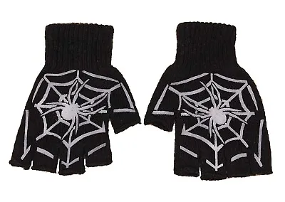 Gothic Stretch Knit SPIDER-WEB FINGERLESS GLOVES Black Silver Novelty Accessory • $4.97