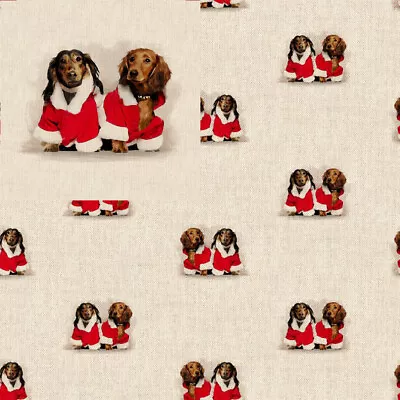 Cotton Rich Linen Look Fabric Christmas Dachshunds Or Panel Upholstery • £1.50