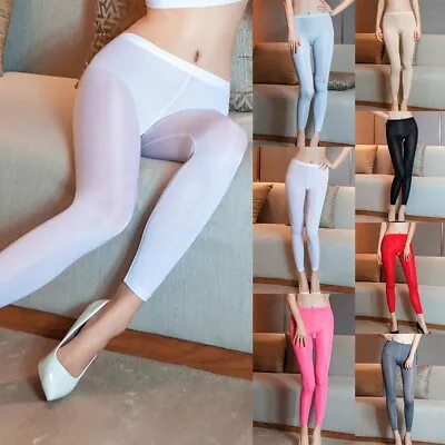 Womens See-Through Trousers Pants Zip Open Crotch Sheer Skinny Fitness Leggings • £9.23