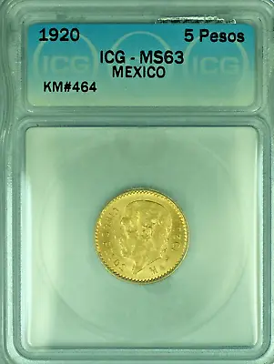 1920 Mexico 5 Pesos Gold Coin ICG MS 63 • $495