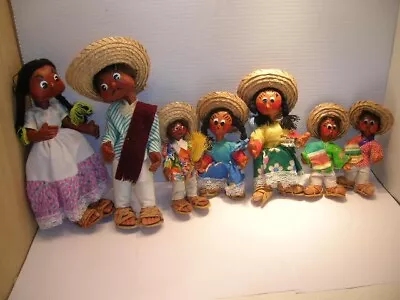 Seven Vtg Hand Painted Folk Art Mexican Dolls  Oil Cloth Sombrero • $45