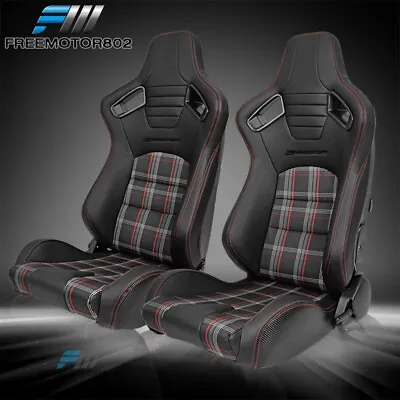 Adjust Universal Racing Seat Black PU&Carbon Leather Red Plaid &2 Dual Slider • $354.99