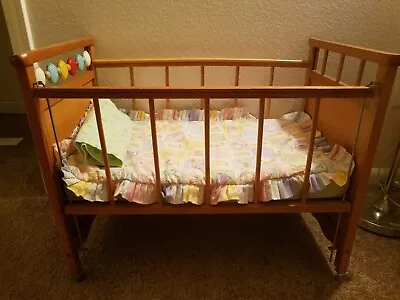 Vintage Wooden Doll Crib Drop Side & Wooden Casters Spinner Play Design  1960 • $125