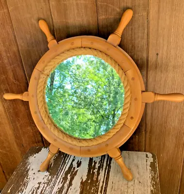 Vtg Ship Wheel Mirror Nautical Boat Rope Wood Round Wall 20” Mounted Coast • $39.50