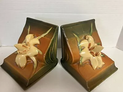 Vintage Roseville Art Pottery Zephyr Lily Bookends Set Of 2 ~ Pink & Green USA • $80