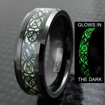 8mm Black Tungsten Men's Ring Celtic Dragon *Glow In The Dark* Wedding Band • $14.99