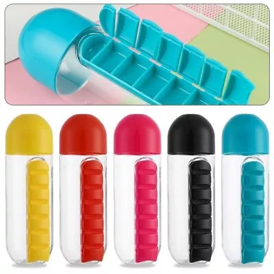 600ml Sports Water Bottle With Daily 7 Days Pill Box Organizer Travel Gym Cup UK • £3.55