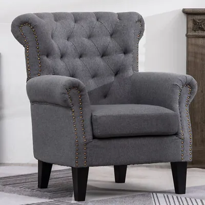 Grey Linen Queen Anne Chair Occasional Button Wing Back Fireside Accent Armchair • £199.95