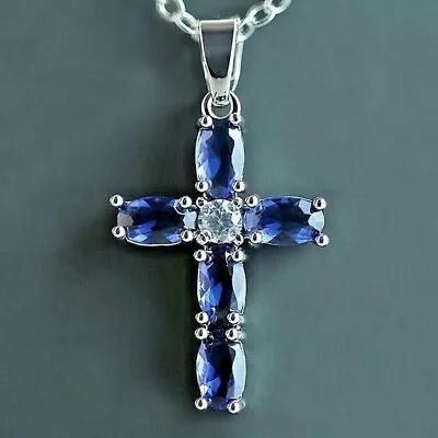 3Ct Oval Cut Lab Created Blue Sapphire Men's Cross Pendant 14K White Gold Plated • $111.78