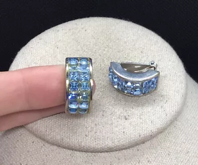 Vintage Silver Tone Costume Chunky Blue Glass Stone Clip Earrings MM50 • $5.99