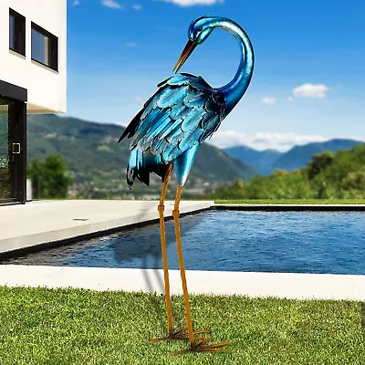 Garden Statues Metal Outdoor Blue Heron Sculpture Yard Art Large Bird Decor • $64.59