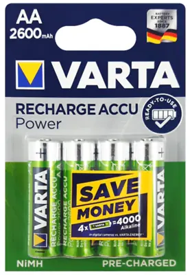 VARTA Rechargeable AA Batteries 2600mAh ACCU POWER 4 Pack HR6 NiMH PRE-CHARGED • £10.29