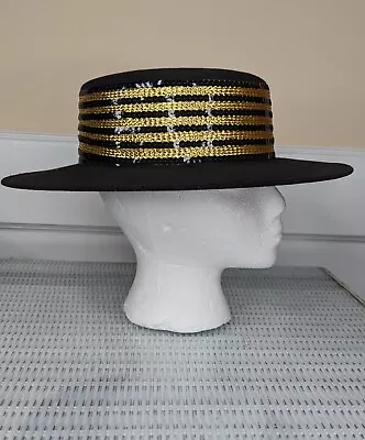 Vintage Deborah New York Wide Brim Boater Hat Black Gold Sequins Made In USA • $21
