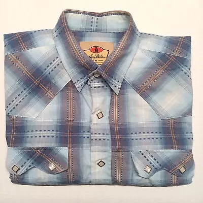 Larry Mahan Short Sleeve Large Shirt Square Pearl Snap Blue Plaid Western Rodeo • $17.95