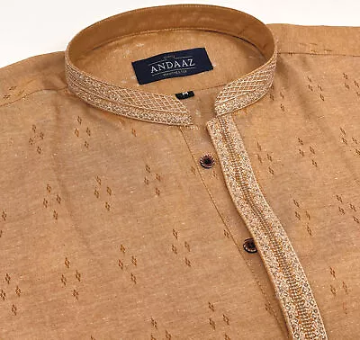 Men's Beige 2 Kurta With Placket Embroidery • £25