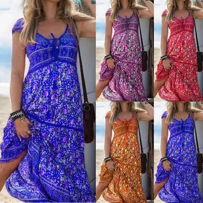 Womens Summer Beach Boho Sun Dress Ladies Holiday V Neck Maxi Dresses ~ • $13.52