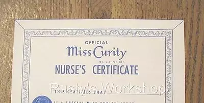 1950's Ideal MISS CURITY Doll Nurses CERTIFICATE (Reproduction) • $6.99