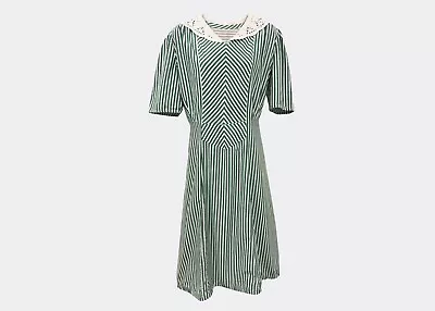 Vintage 1950s Striped Dress With Contrast Collar L Green And White • $10