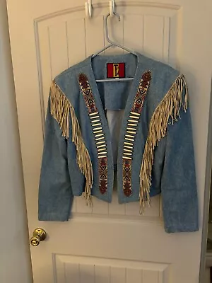 Vintage Denim Beaded With Fringe Jacket Medium • $85