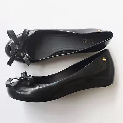 MELISSA Ultragirl II Black Bow Peeptoe Flats 9 Hidden Wedge • £33.78