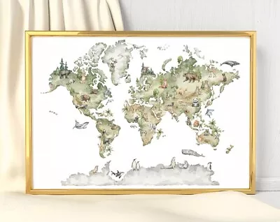 Watercolor Animal World Map Poster Premium Quality Choose Your Size • $15.92