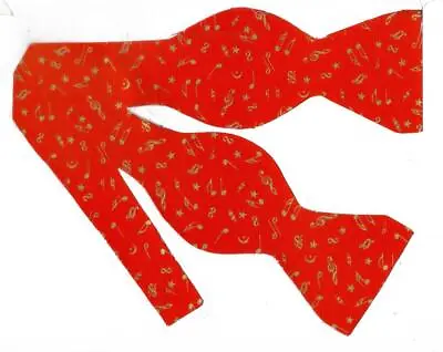 Music Bow Tie / Mini Metallic Gold Musical Notes On Red / Self-tie Bow Tie • $14.99