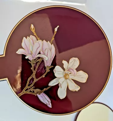 Vintage Otagiri Vanity Handheld Mirror Set Burgandy Red Magnolia Flower Design • $14