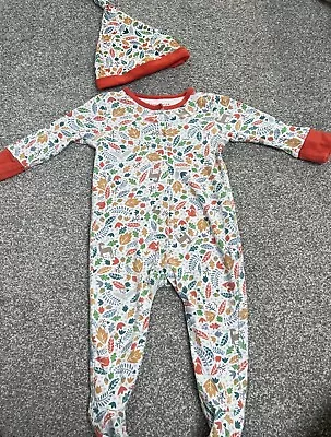 Frugi Organic Cotton Woodland Friends Baby Gift Set Hat Sleepsuit 6-12 Months • £8