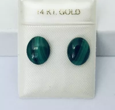 Solid 14K Yellow Gold Oval Natural Malachite Cabochon Stud Earrings NEW  • $26.95