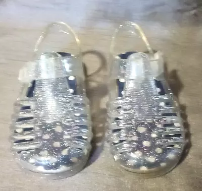 Girls Clear Glitter Soft Jelly Shoes Sandals Sz 4 Hook Loop Close • $3