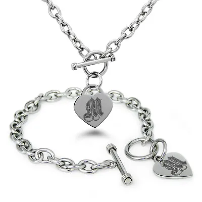 Stainless Steel Royal Monogram Heart Charm Bracelet Necklace Set • $18.10