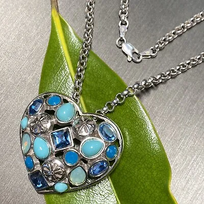 Vintage Necklace Sterling Silver Turquoise Crystal Puffy Heart Pendant Chain • $125