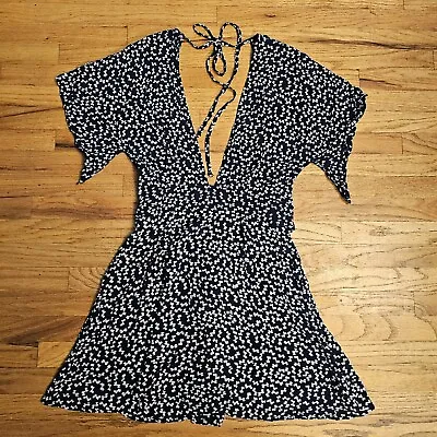 $36.95 • Buy Faithfull The Brand Mini Dress Womens Size 8 Navy Deep V Neck Bow Print 