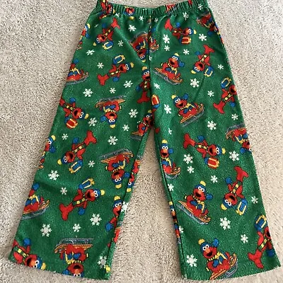 Sesame Street Boys Green Red ELMO Sledding Snowflakes Fleece Pajama Pants 4T • $5