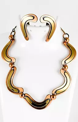 Vintage Copper Brass Matching Set Clip On Earrings Choker 13” Necklace Modernist • $75