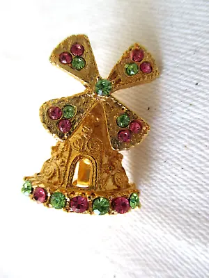 Vintage Jeweled Windmill Pin Brooch Gold-Plated Rhinestones 1 Inch High • $1.04