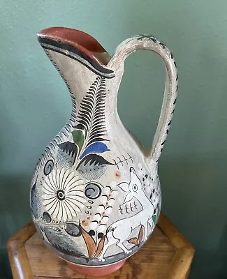 14” Tall Tonala Burnished Terra Cotta Pitcher Deer/floral Motif. Signed A. Solis • $55