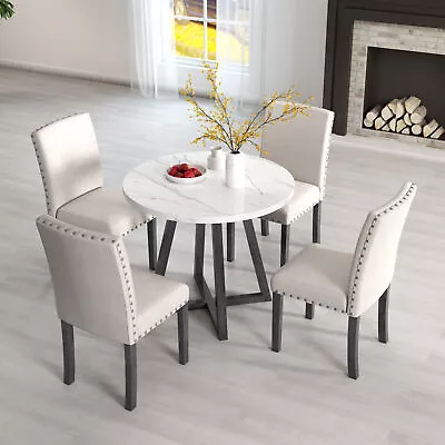 5 Pieces Dining Set 35  Round Kitchen Table Faux Marble Top 4 Chairs Small Space • $380.99