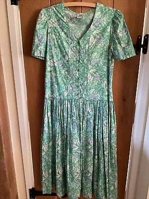 Vintage LAURA ASHLEY Size 10 Jade Floral Cotton  Dropped Waist Summer Tea Dress • £12.50