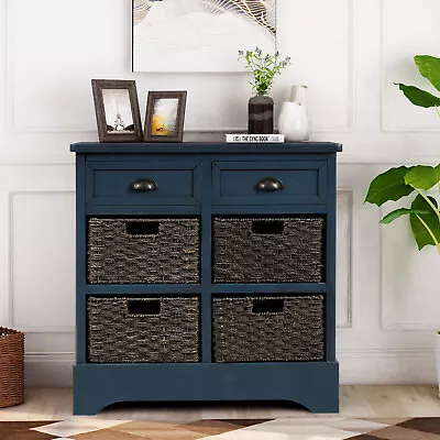 Rustic Storage Cabinet With 2 Drawer& 4 Classic Rattan Basket Home Storage Chest • $239.16