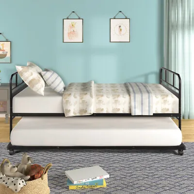 Twin Metal Daybed And Trundle Sofa Bed Platform Bed Mattress Foundation Black • $269.99