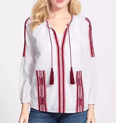 MICHAEL Kors White/Cinnabar Embroidered Split Neck Tassel Top MS54KEE2BM - $120 • $54