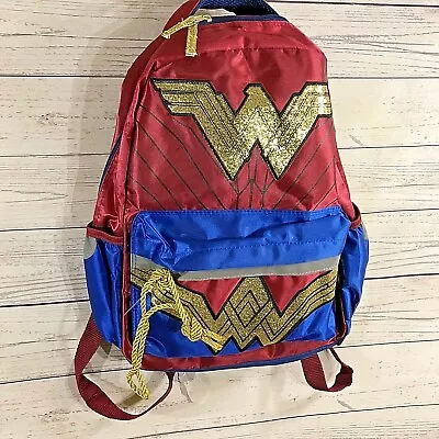 DC Comics Girls Backpack School Book Bag Red W/ Gold Glitter Wonder Woman Design • £10.61