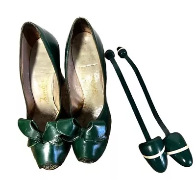 Tweedies 40s Green Leather Bow Pump Heels W/Peep Toe Sz 5?N + Matching Stretcher • $161.01