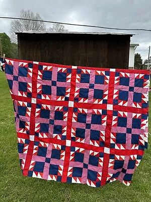 Vintage Hand Stitched Blue White & Red Patriotic Quilt Topper 84”x 65” Vibrant • $75